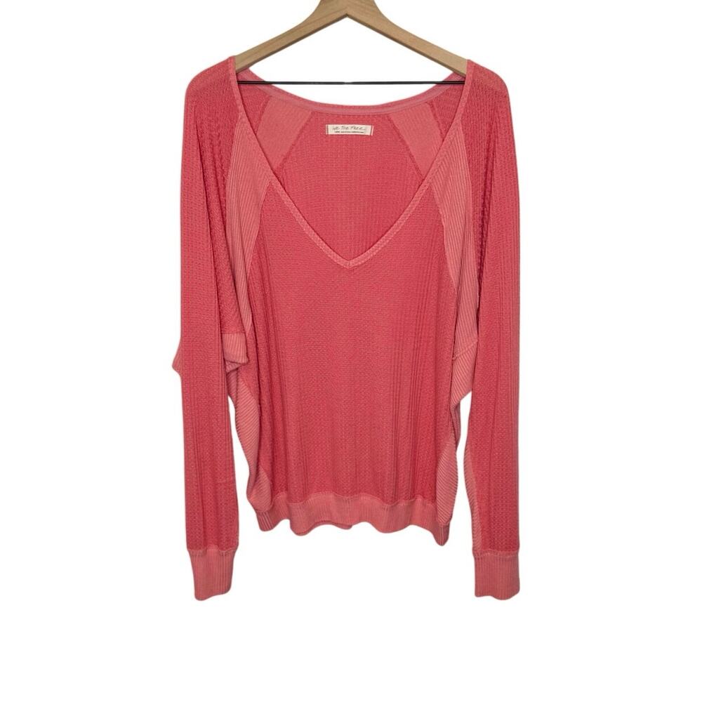 FREE PEOPLE Women's Large Santa Clara Oversized V Neck Thermal Sweater Top Pink - Picture 2 of 14